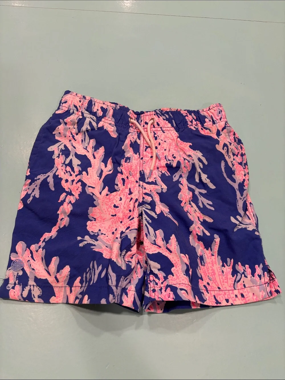 Lilly Pulitzer Blue Swim Trunks with Pink Coral Motif